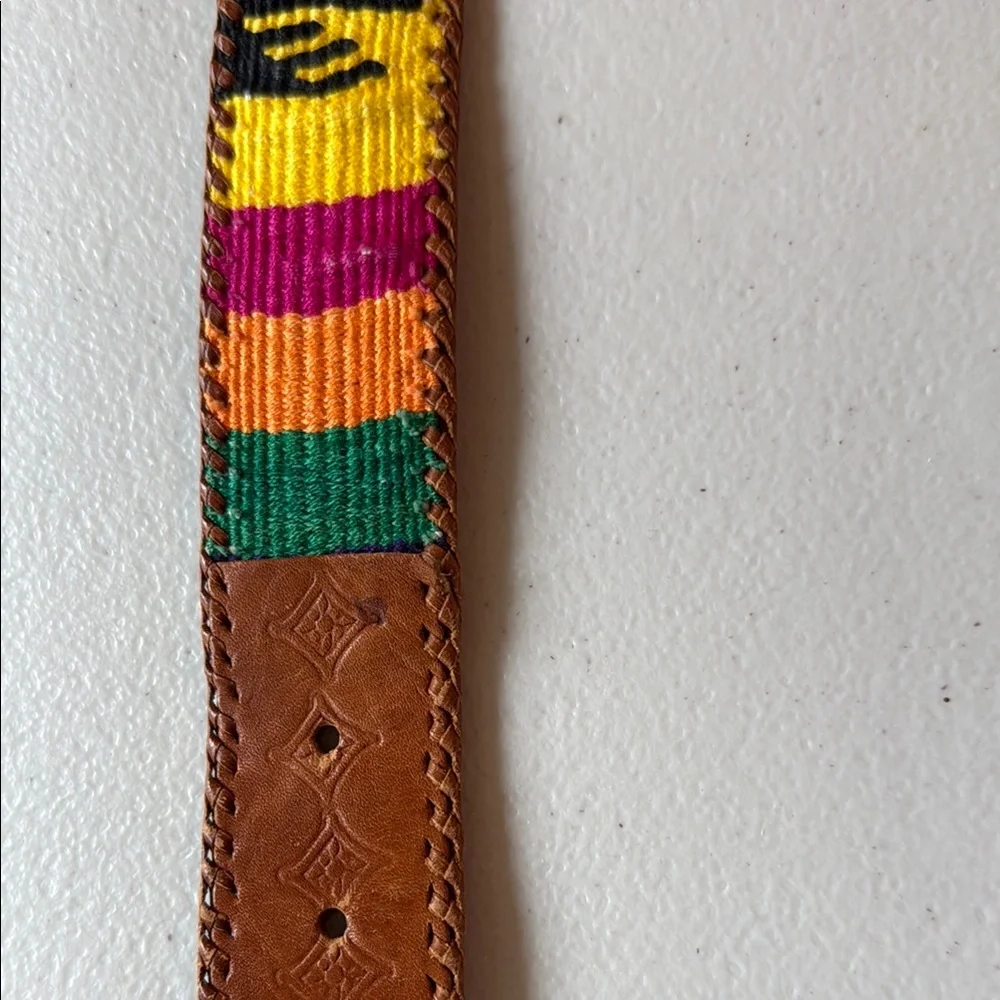 Colorful Woven Strap Belt with Brown Leather Trim handmade Guatemala 37 inches